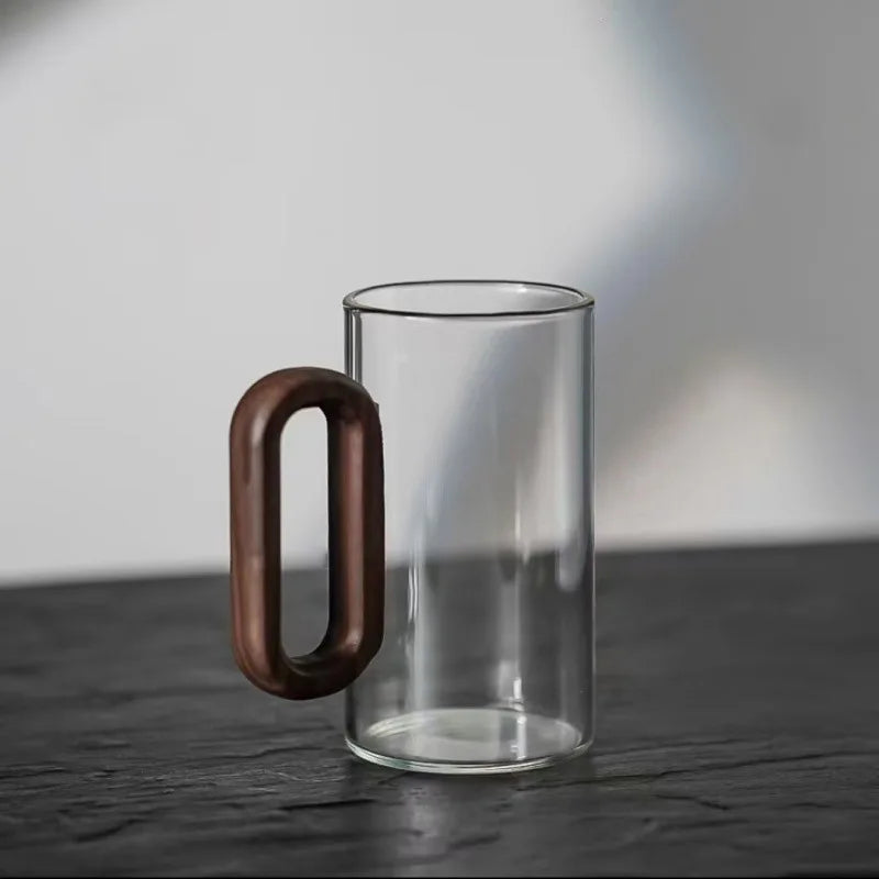 Glasmugg med trähandtag – Rustik kaffekopp i värmetåligt glas