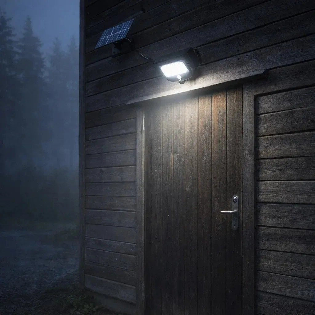 Solcellsstrålkastare 320 lumen – Sensor, fjärrkontroll och 5 m panelkabel