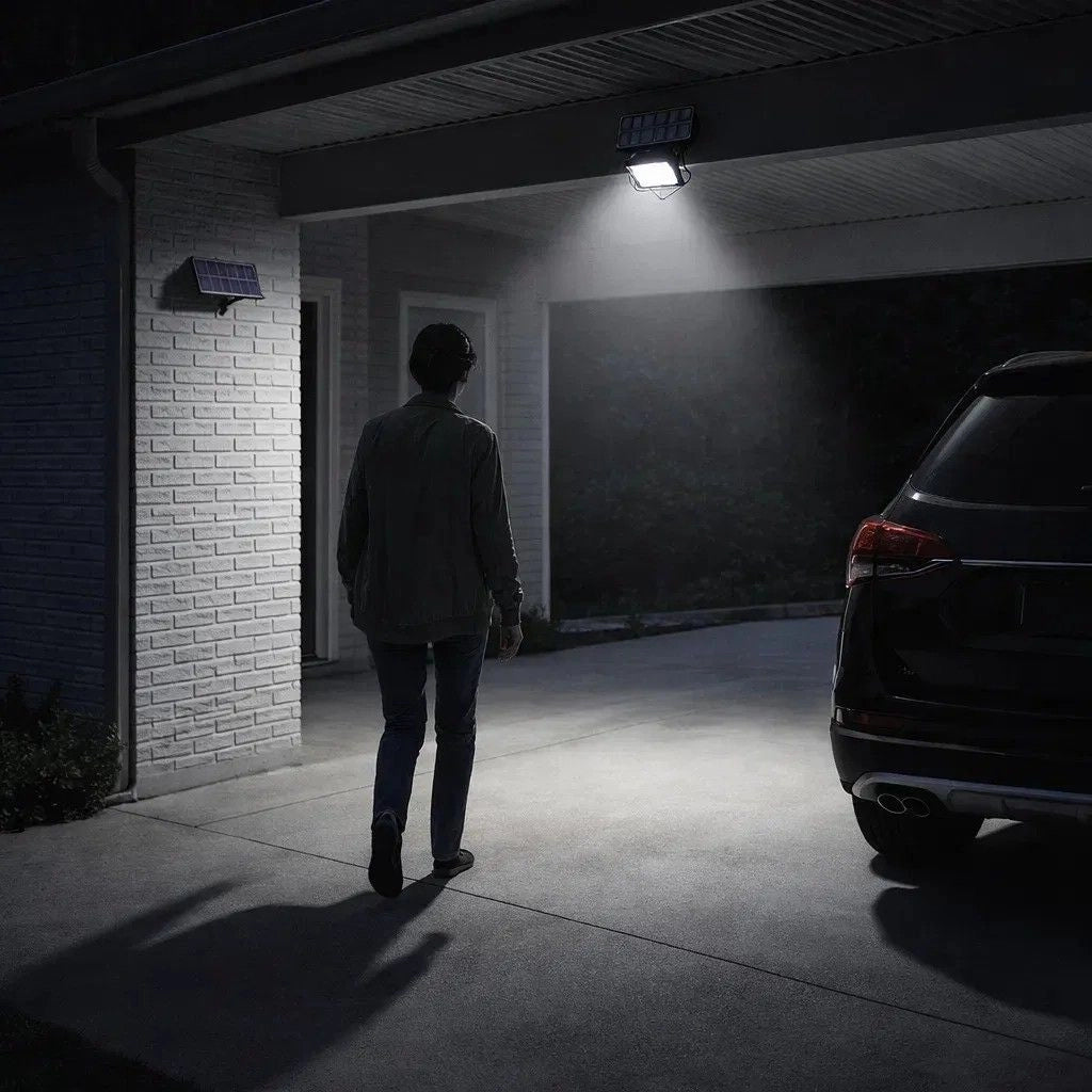 Solcellsstrålkastare 320 lumen – Sensor, fjärrkontroll och 5 m panelkabel
