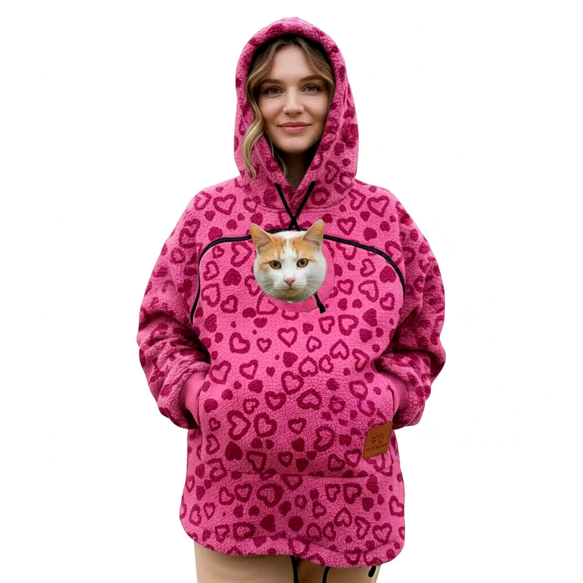 Hoodie med ficka för katt i cerise leopard – teddyfleece