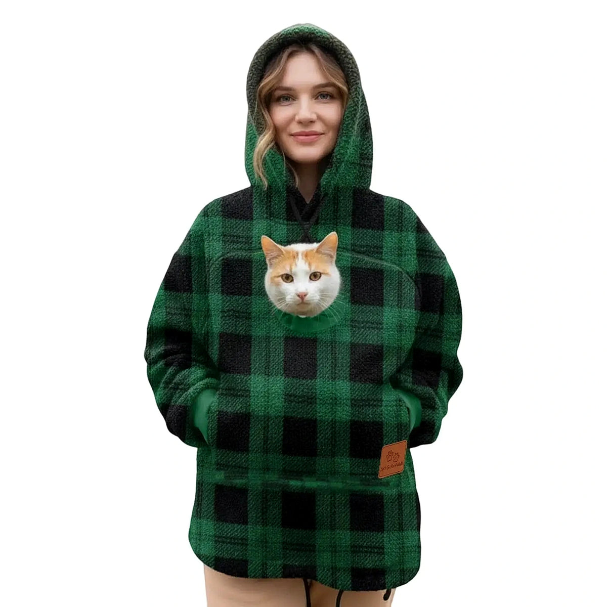 Grönrutig hoodie med ficka för katt och hund