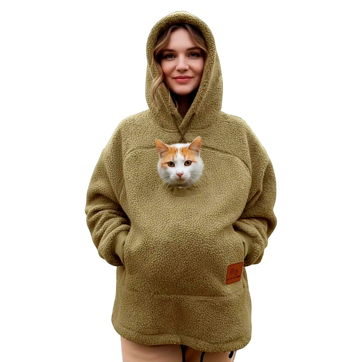 Khaki hoodie med ficka för katt – mjuk teddyfleece