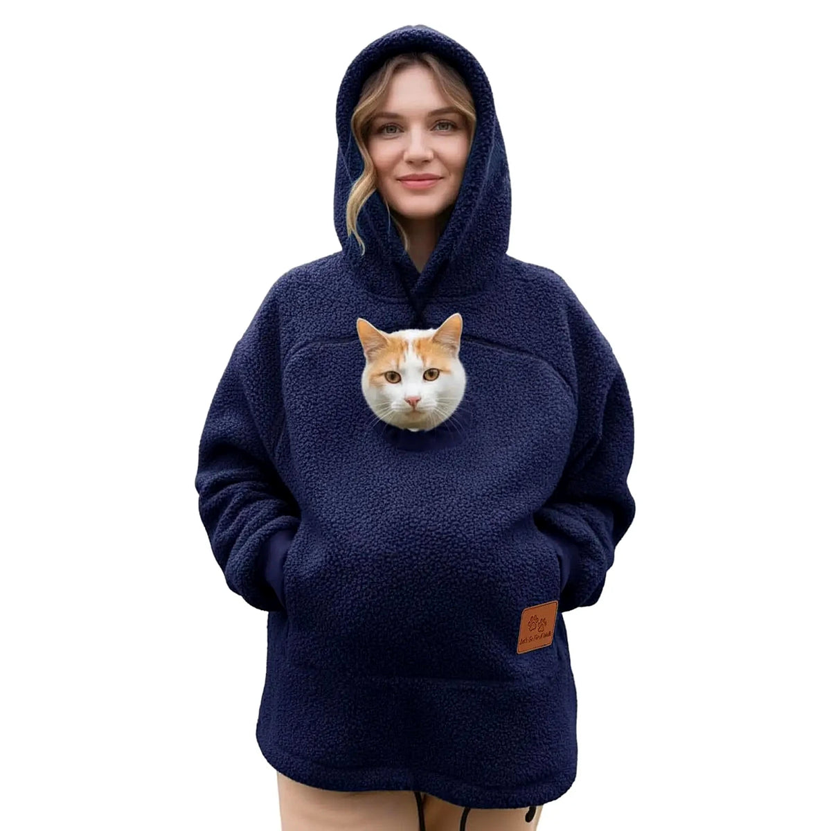 Marinblå hoodie med ficka för katt – varm huvtröja unisex