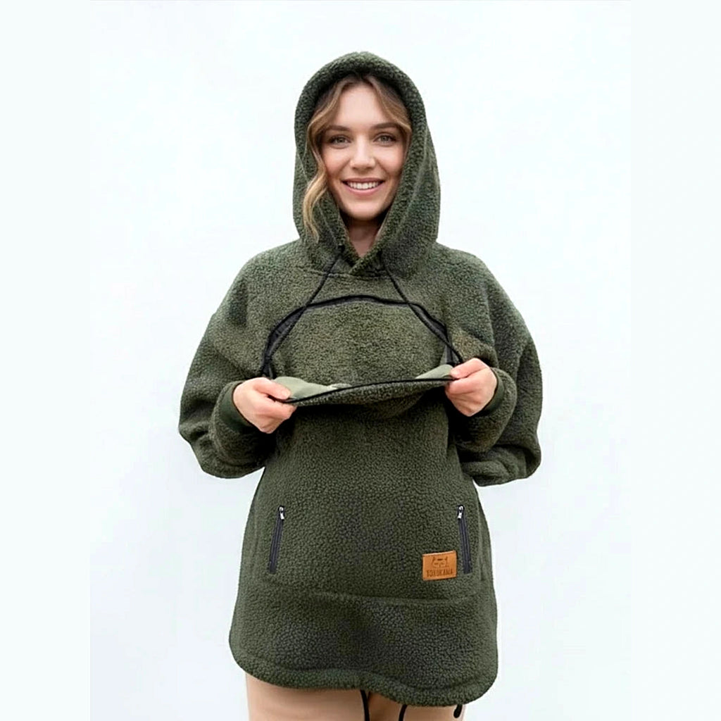 Militärgrön hoodie med ficka för katt och hund – teddyfleece