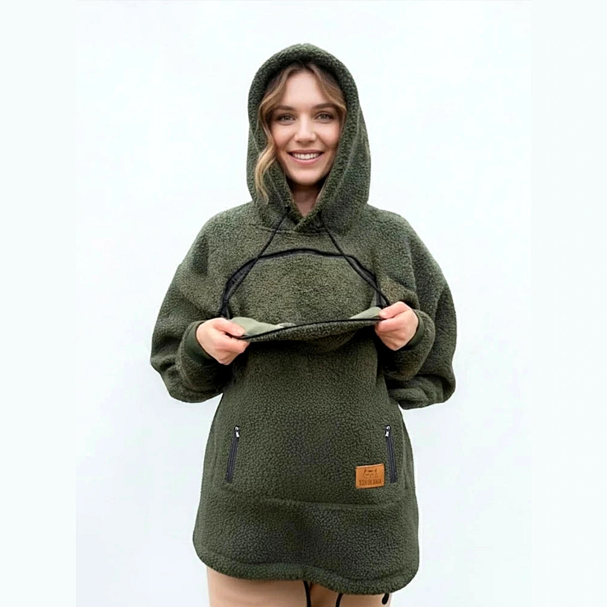 Militärgrön hoodie med ficka för katt och hund – teddyfleece