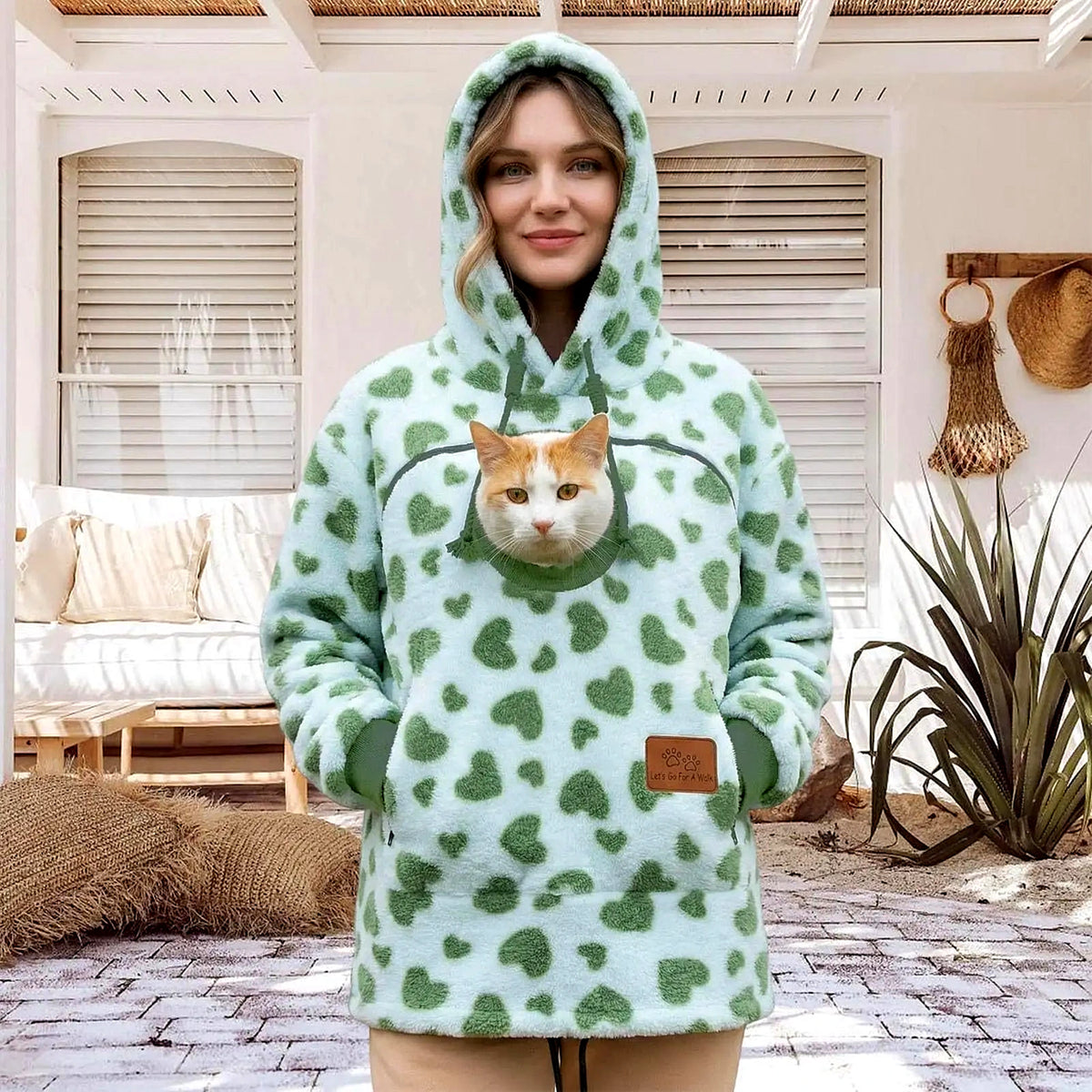 Mintgrön mönstrad hoodie med ficka för katt och hund
