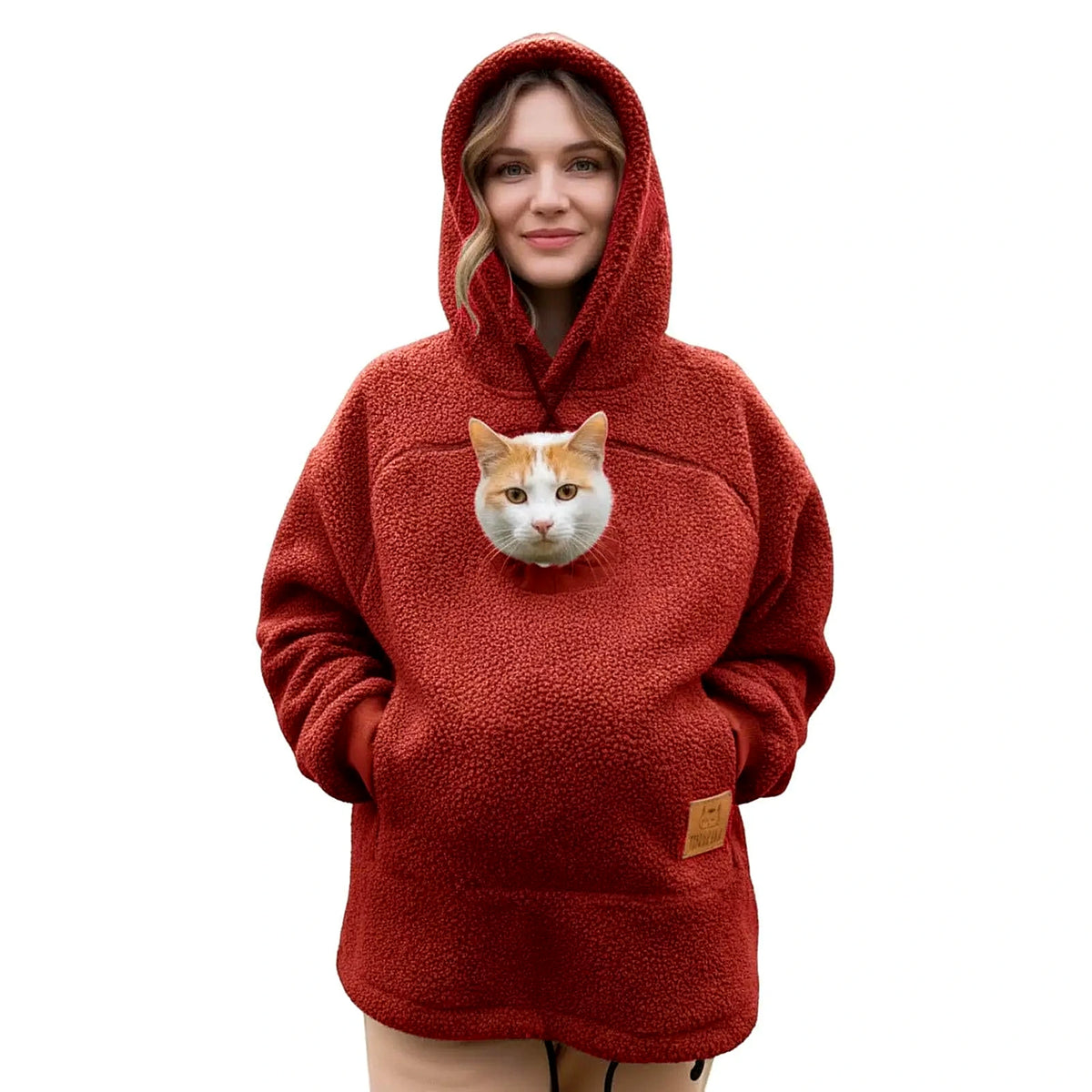 Röd hoodie med ficka för katt och hund – teddyfleece