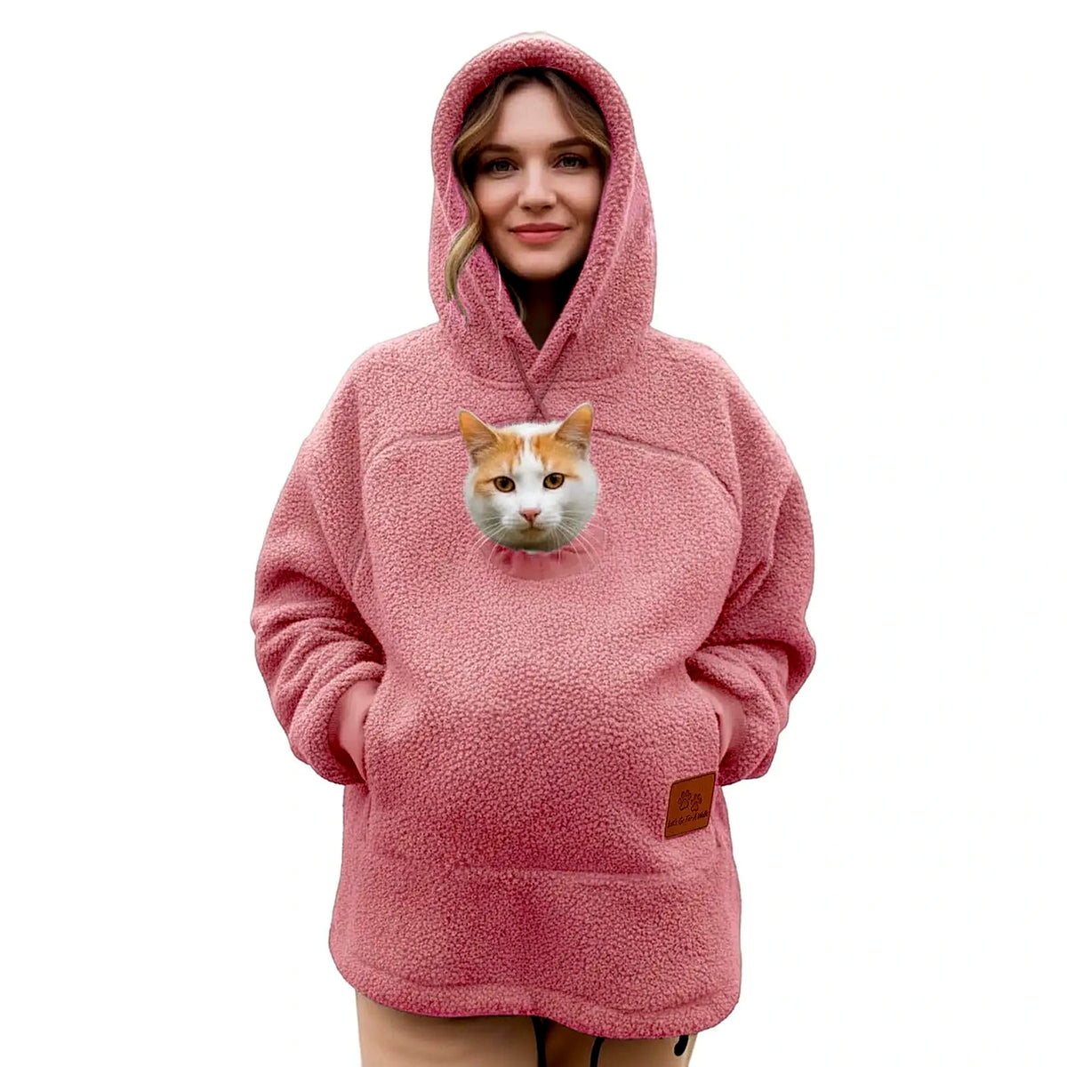 Rosa hoodie med ficka för katt och hund – teddyfleece unisex