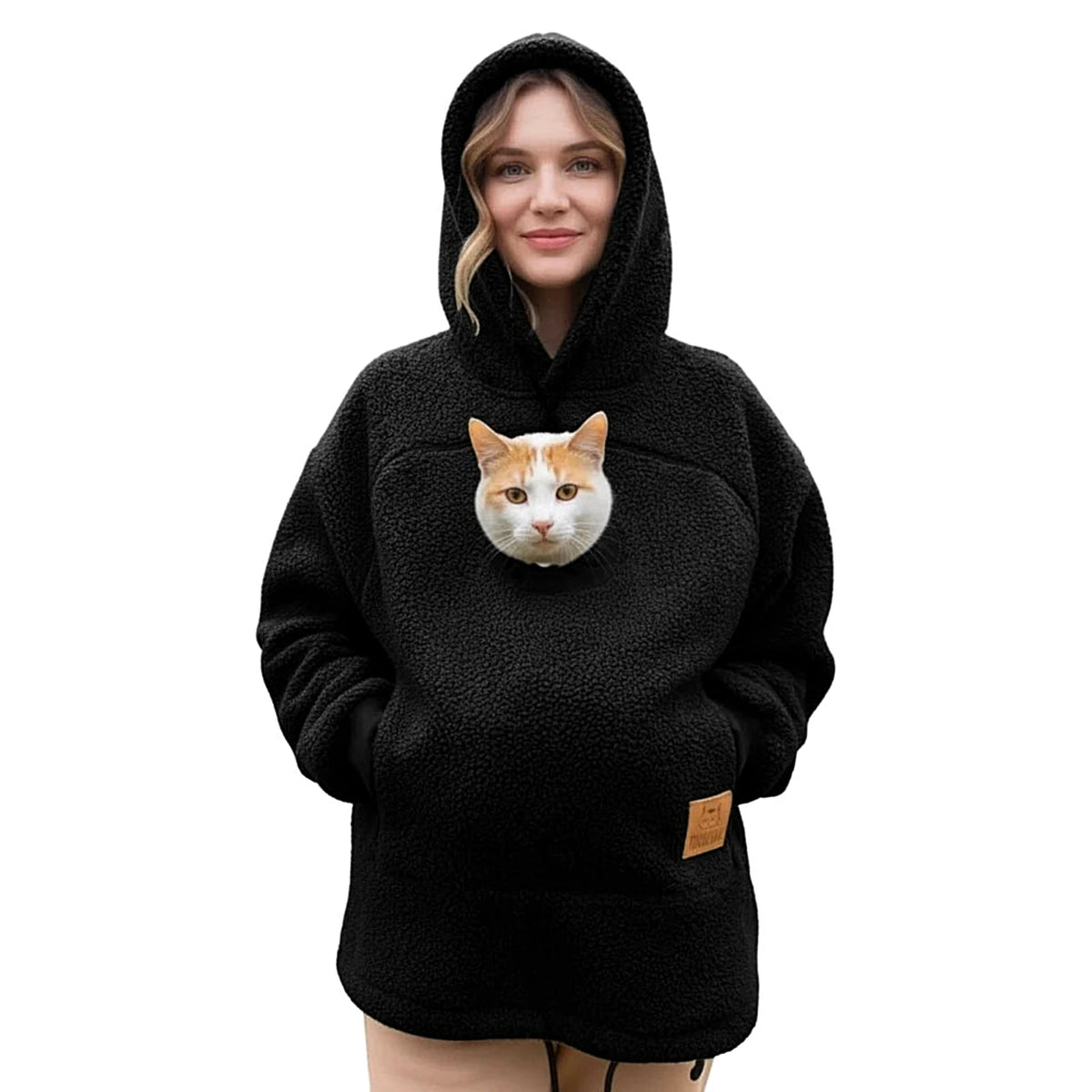 Svart hoodie med kattficka – teddyfleece huvtröja för henne och honom